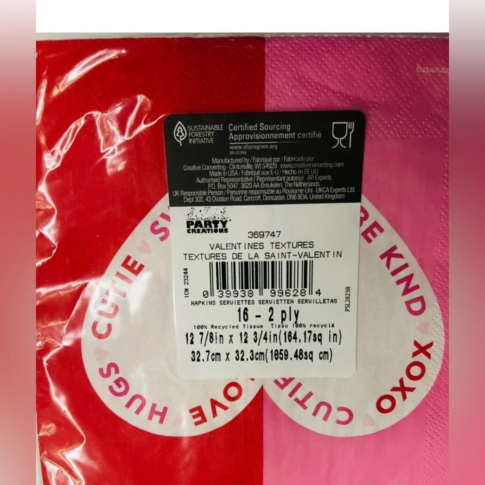 New 12 Valentine Textures Napkins Red Pink Heart 6 1/2